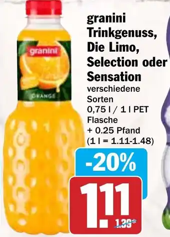 Hit Granini Trinkgenuss, Die Limo, Selection oder Sensation 0,75/1L Angebot