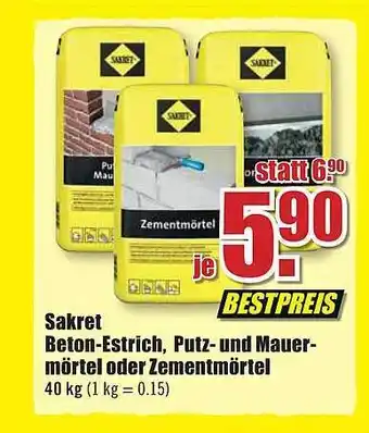 B1 Discount Baumarkt Sakret Beton-estrich Putz- Und Mauer- Mörtel Oder Zementmörtel Angebot