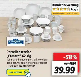 Lidl Van Well Porzellanservice „camaro“, 62-tlg Angebot