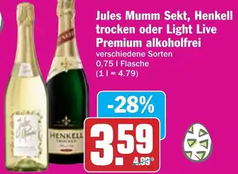 Hit Jules Mumm Sekt, Henkell trocken oder Light Live Premium Alkoholfrei 0,75L Flasche Angebot