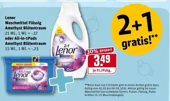 REWE Kaufpark Lenor Waschmittel Flüssig Amethyst Blütentraum oder All in Pods Amethyst Blümentraum 21 WL Angebot