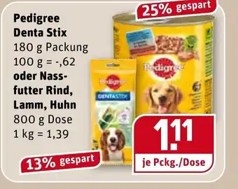 REWE Kaufpark Pedigree Denta Stix oder Nassfutter rind Lamm, Huhn 180 g Angebot