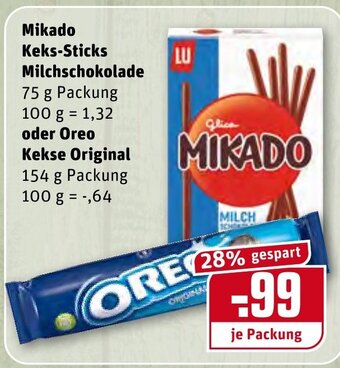 REWE Kaufpark Mikado Keks-Sticks Milchschokolade oder Oreo Kekse Original 75 g Angebot