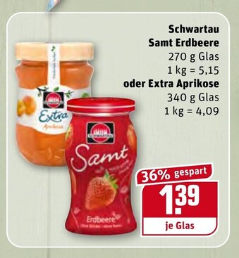 REWE Kaufpark Schwartau Samt Erdbeere oder Extra Aprikose 270 g Angebot