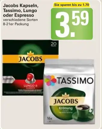 WEZ Jacobs Kapseln, Tassimo, Lungo oder Espresso 8-21er Packung Angebot