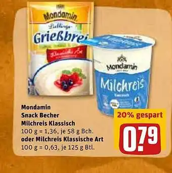 REWE Mondamin Snack Becher Milchreis Klassich Oder Milchreis Klassische Art Angebot