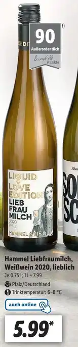 Lidl Hammel Liebfraumilch, Weißwein 2020, lieblich 0,75L Angebot