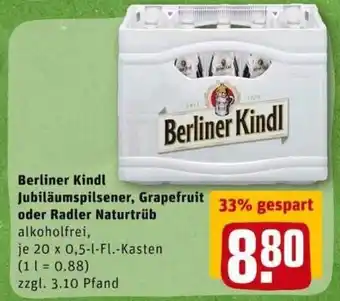 REWE City Berliner Kindl Jubiläumspilsener, Grapefruit oder Radler Naturtrüb 20x0,5L Angebot