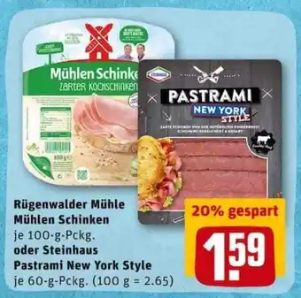 REWE City Rügenwalder Mühle Mühlen Schinken 100g oder Steinhaus Pastrami New York Style 60g Angebot