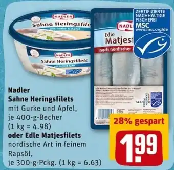 REWE City Nadler Sahne Heringsfilets 400g Becher oder Edle Matjesfilets 300g Angebot