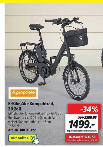 Lidl Prophete E-bike Alu-kompaktrad 20 Zoll Angebot