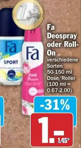 Hit Fa Deospray oder Roll On 50-150 ml Dose/Roller Angebot