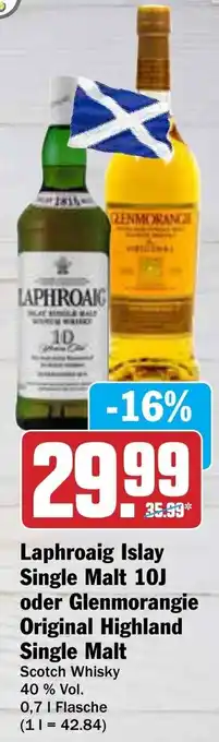 AEZ Laphroaig Islay Single Malt 10J oder Glenmorangie Original Highland Single Malt Scotch Whisky 0,7L Flasche Angebot