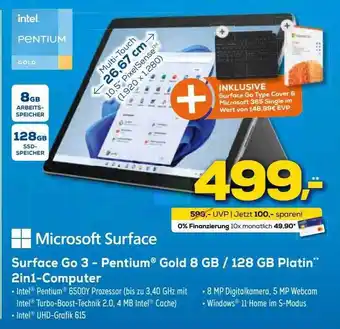 Euronics XXL Microsoft Surface Go 3 - Pentium Gold 8 Gb Oder 128 Gb Platin 2in1-computer Angebot