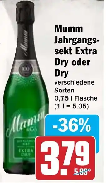 Hit Mumm Jahrgangssekt Extra Dry oder Dry 0,75L Flasche Angebot