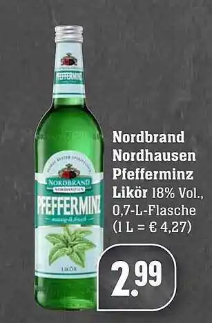 Edeka Nordbrand Nordhausen Pfefferminz Likör 18% Vol Angebot