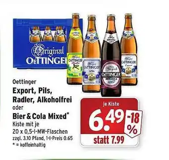 Wasgau Oettinger Export, Pils, Radler, Alkoholfrei Oder Bier & Cola Mixed Angebot