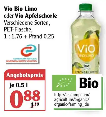 Globus Vio Bio Limo oder Vio Apfelschorle 0,5L Angebot