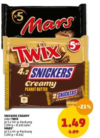 PENNY Snickers creamy, twix oder mars schokoriegel Angebot