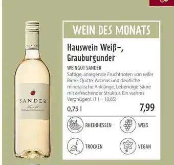 Superbiomarkt Hauswein Weiß-, Grauburgunder Weingut Sander Angebot