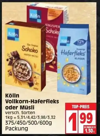 Edeka Kölln Vollkorn Haferfleks oder Müsli 375/450/500/600g Packung Angebot