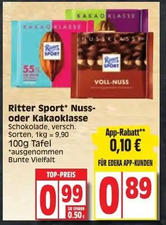 Edeka Ritter Sport Nuss oder Kakaoklasse 100g Tafel Angebot