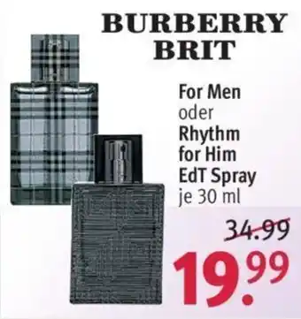 Rossmann Burberry Brit For Men oder Rhythm For Him EdT Spray je 30 ml Angebot