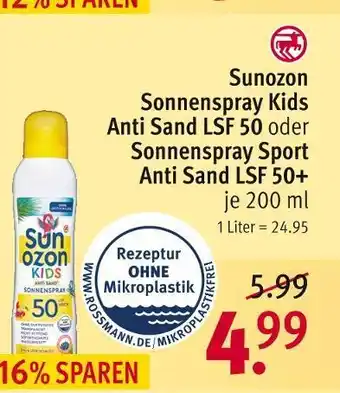 Rossmann Sunozon sonnenspray kids anti sand lsf 50 oder sonnenspray sport anti sand lsf 50+ Angebot