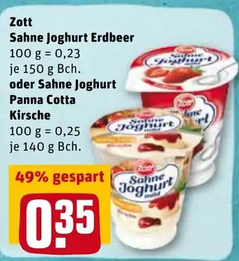 REWE Zott Sahne Joghurt Erdbeer je 150 g oder Sahne Joghurt Panna Cotta Kirshe je 140 g Angebot