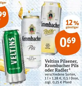 tegut Veltins Pilsener Krombacher Pils oder Radler 500 ml Angebot