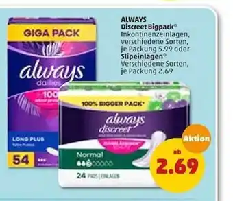 PENNY Always Discreet Bigpack, Slipeinlagen Angebot