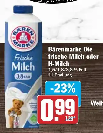 Hit Bärenmarke Die Frische Milch oder H-Milch 1L Packung Angebot