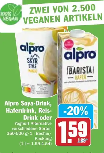 Hit Alpro Soya Drink, Haferdrink, Reis Drink 350-500g/1L Becher/Packung Angebot