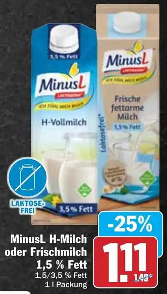 Hit MinusL H-Milch oder Frischmilch 1,5% Fett 1L Packung Angebot