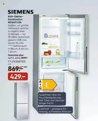 Galeria Siemens Kühl- Gefrierkombination Kg36v2 Lea Angebot