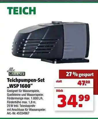 Hagebau Mr.gardener Teichpumpen-set „wsp 1600“ Angebot