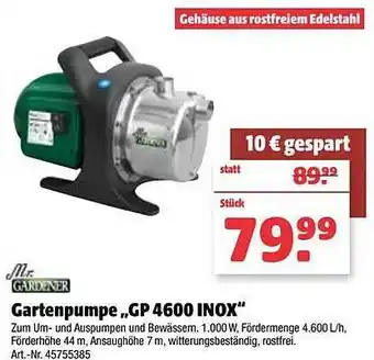 Hagebau Mr. Gardener Gartenpumpe „gp 4600 Inox“ Angebot