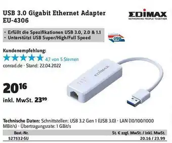 Conrad Edimax Usb 3.0 Gibabit Ethernet Adapter Eu-4306 Angebot