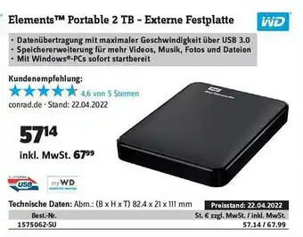 Conrad Wd Elements Portable 2 Tb - Externe Festplatte Angebot