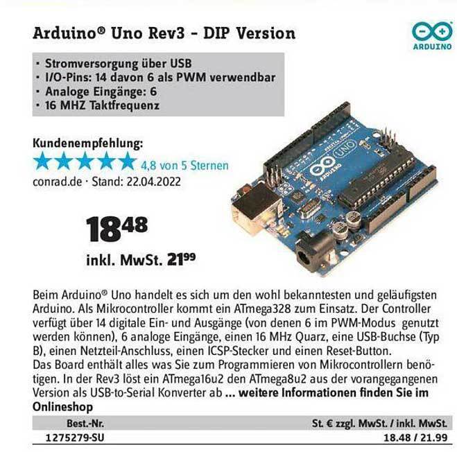 Arduino Uno Rev3 Dip Version Angebot bei Conrad