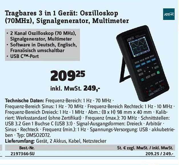 Joyit Tragbares 3 In 1 Gerät Oszilloskop (70mhz), Signalgenerator