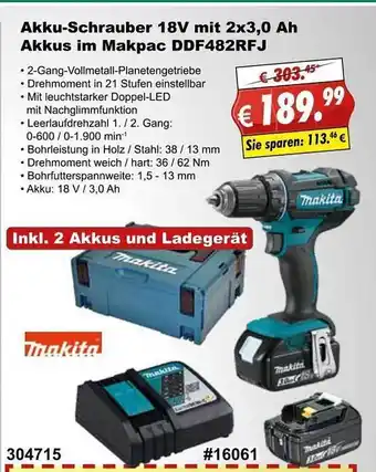 Stabilo Fachmarkt Akku-schrauber 18v Mit 1x3.0 Ah Akkus Im Makpac Ddf482rfj Makita Angebot