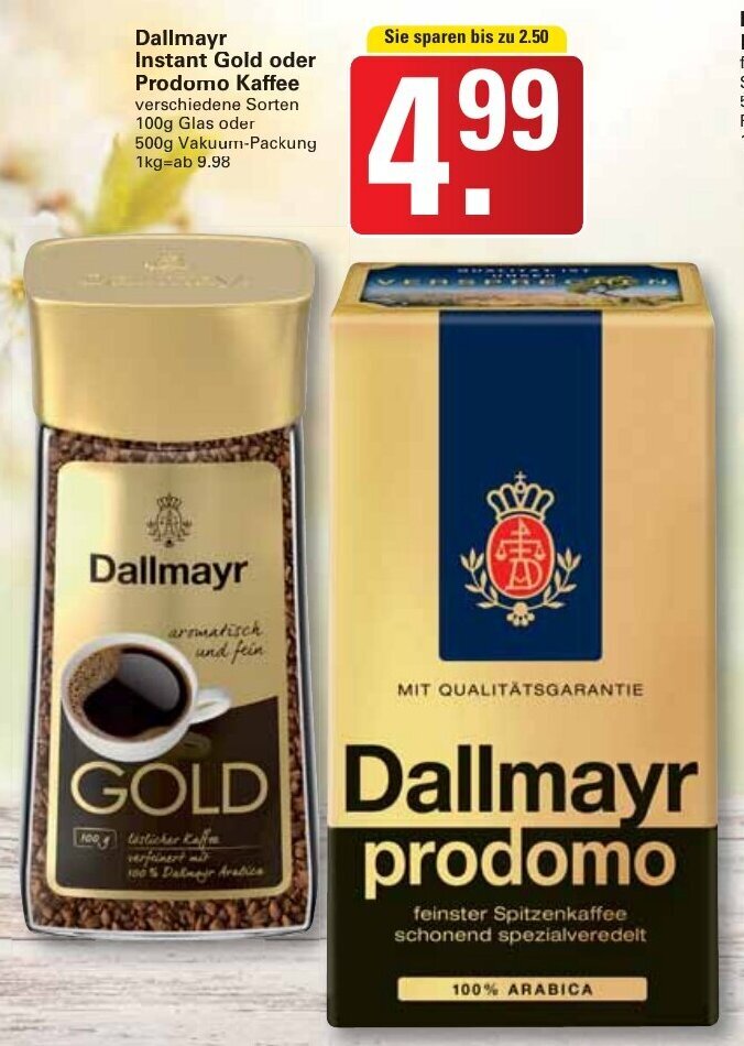Dallmayr Instant Gold oder Prodomo Kaffee 100g Glas/500g Vakuum Packung