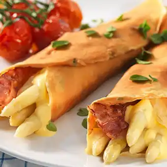 Aldi Süd Spargel mit Sauce Hollandaise und Speck in Kräutercrêpes Angebot