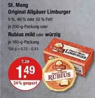 V Markt St Mang Original Allgäuer Limburger Oder Rubius Mild Oder Würzig Angebot