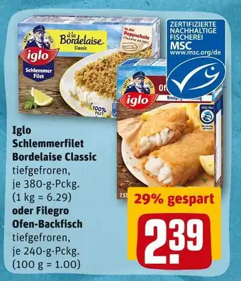 REWE Iglo schlemmerfilet bordelaise classic oder filegro ofen-backfisch Angebot