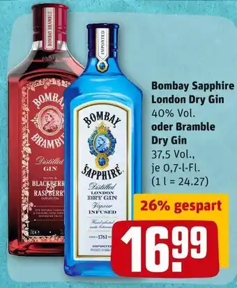 REWE Bombay sapphire london dry gin oder bramble dry gin Angebot