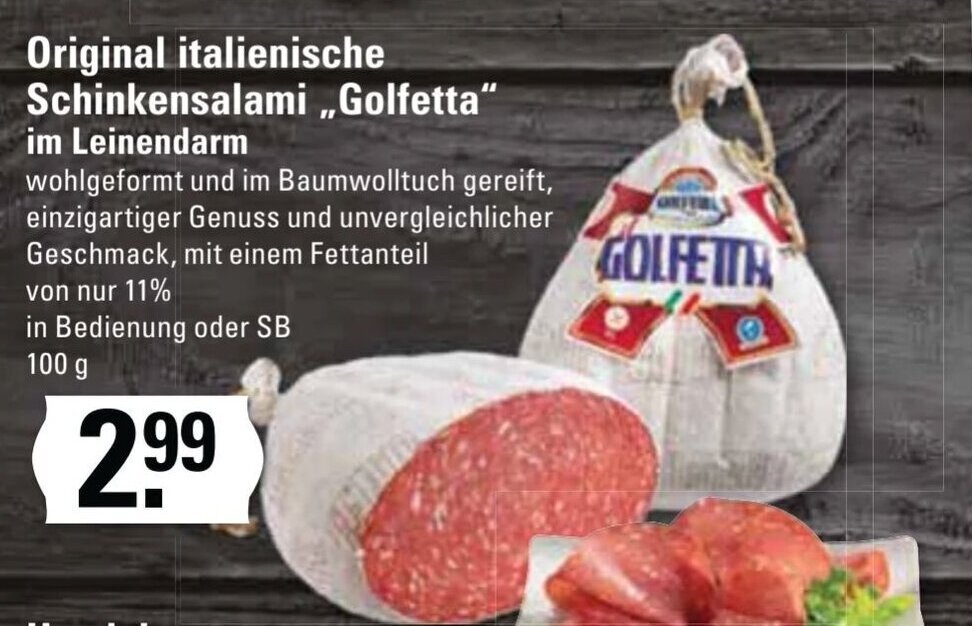 Original Italienische Schinkensalami ,,Golfetta" im Leinendarm 100g