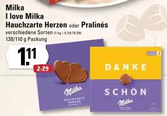 Edeka Frischemarkt Milka I love Milka Hauchzarte Herzen oder Pralinés 130/110 g Packung Angebot