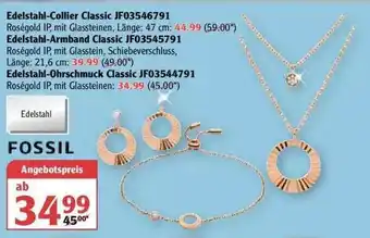 Globus Edelstahl-collier Classic Jf03546791, -armband Classic Jf03545791 Oder -ohrschmuck Classic Jf03544791 Fossil Angebot